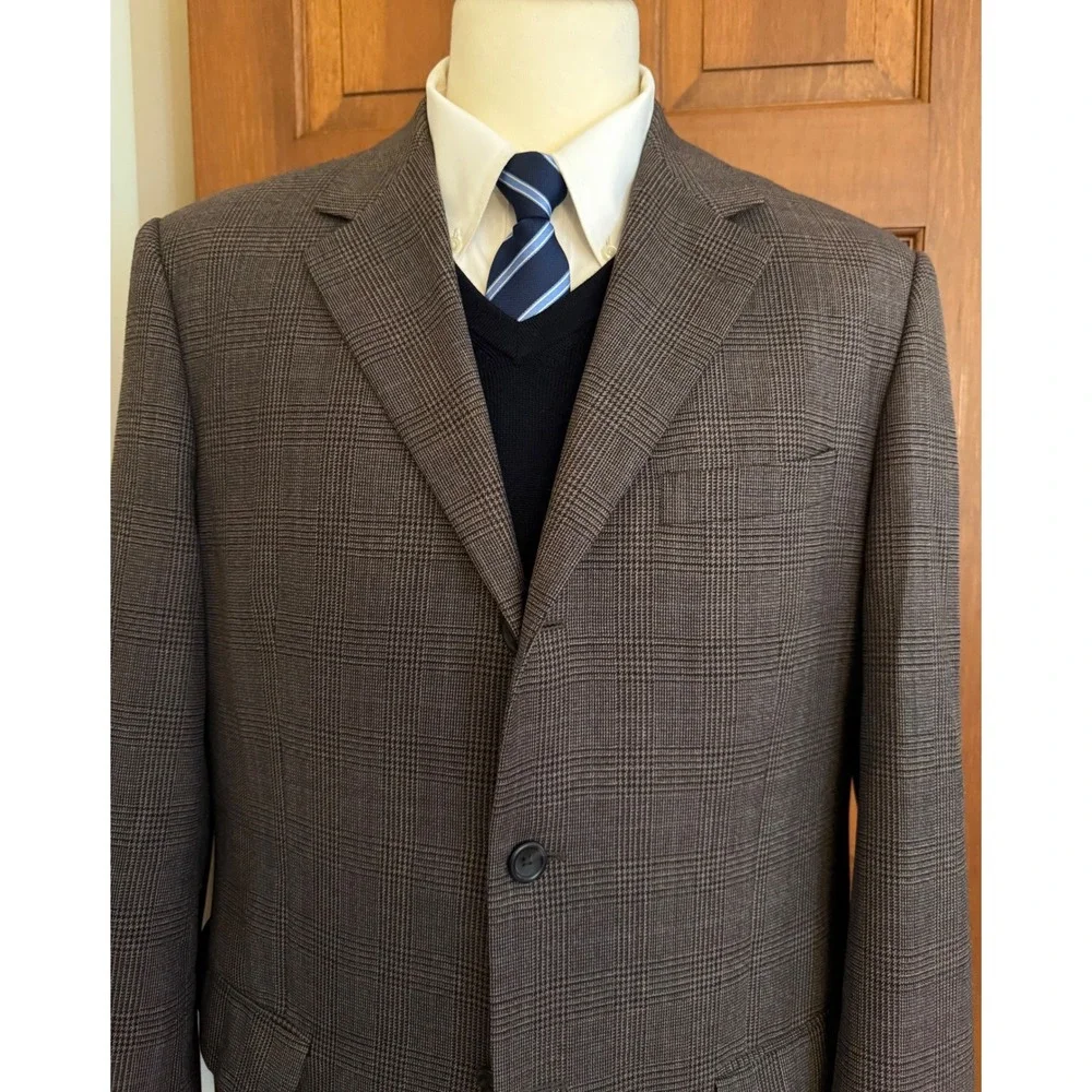 Linea Uomo Glen Check Sport Coat Mens 42R Brown Wool Three-Button‎ Blazer Jacket
